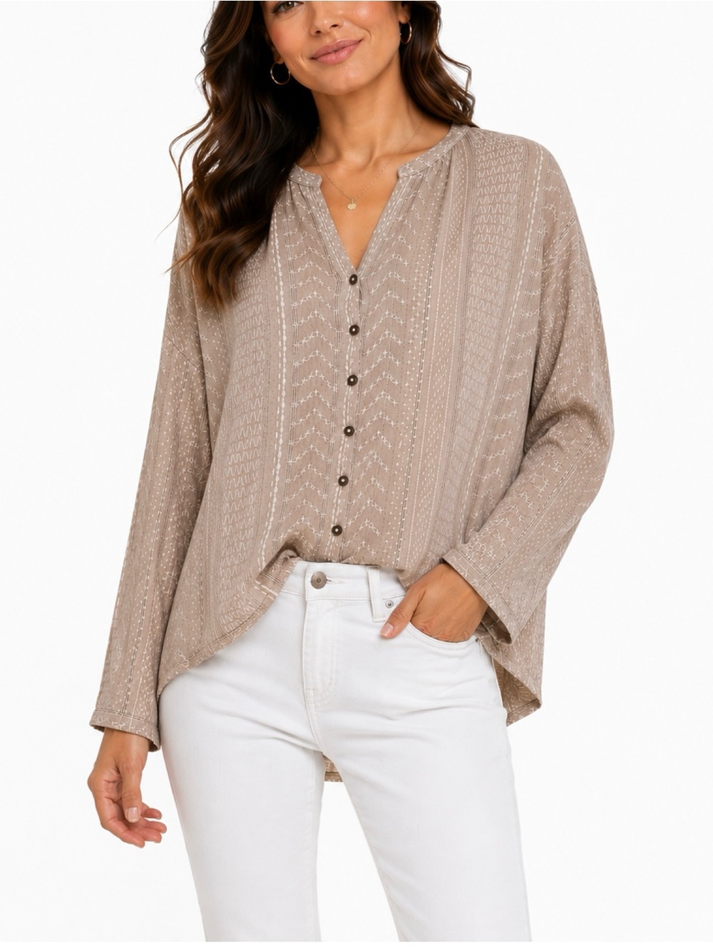 Lucky Brand Button-Front Long Sleeve Top in Taupe